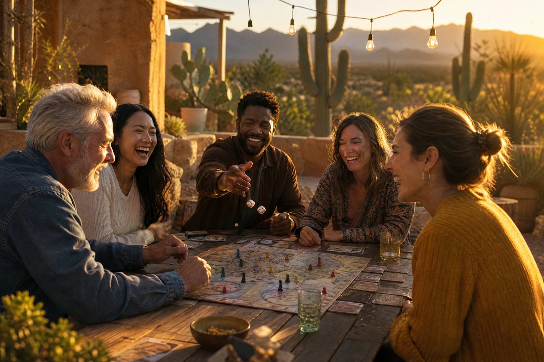 Four friends laughing around a wooden table playing dice and board games outdoors at sunset